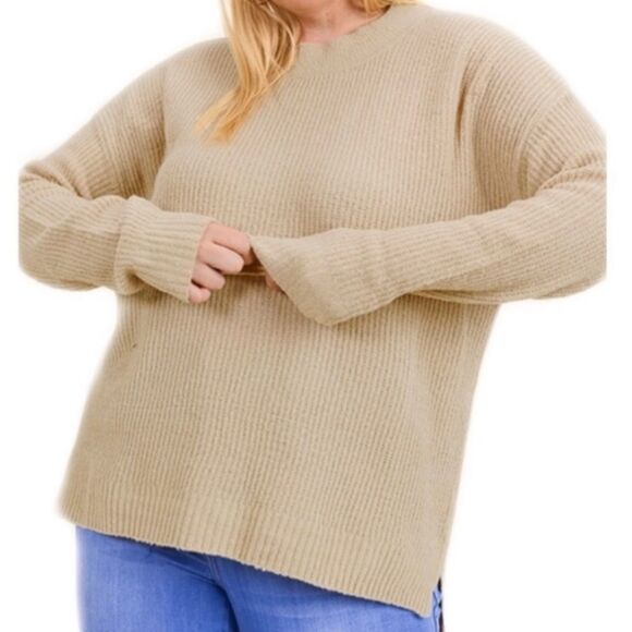 Beige Crew Neck Long Sleeve Lightweight Rib Knit Sweater NEW - Picture 4 of 4